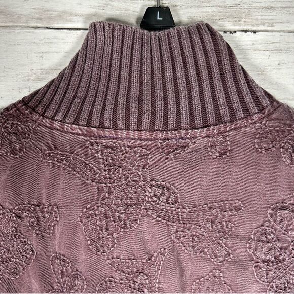 DENIM & CO. Mineral Wash Burgundy Cotton And Knit Embroidered Jacket 1X - Picture 5 of 10